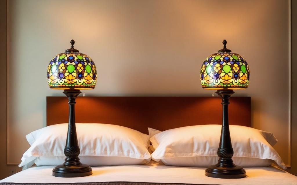 Matching mosaic lamps creating symmetrical bedside lighting
