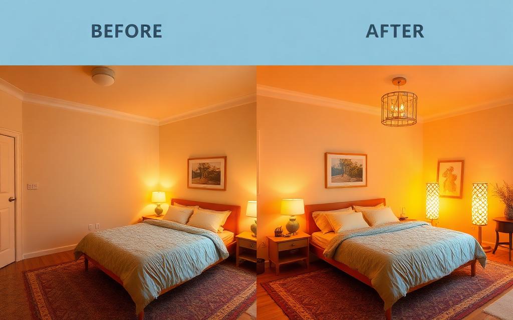Before and after: a bedroom transformed with warm mosaic lighting