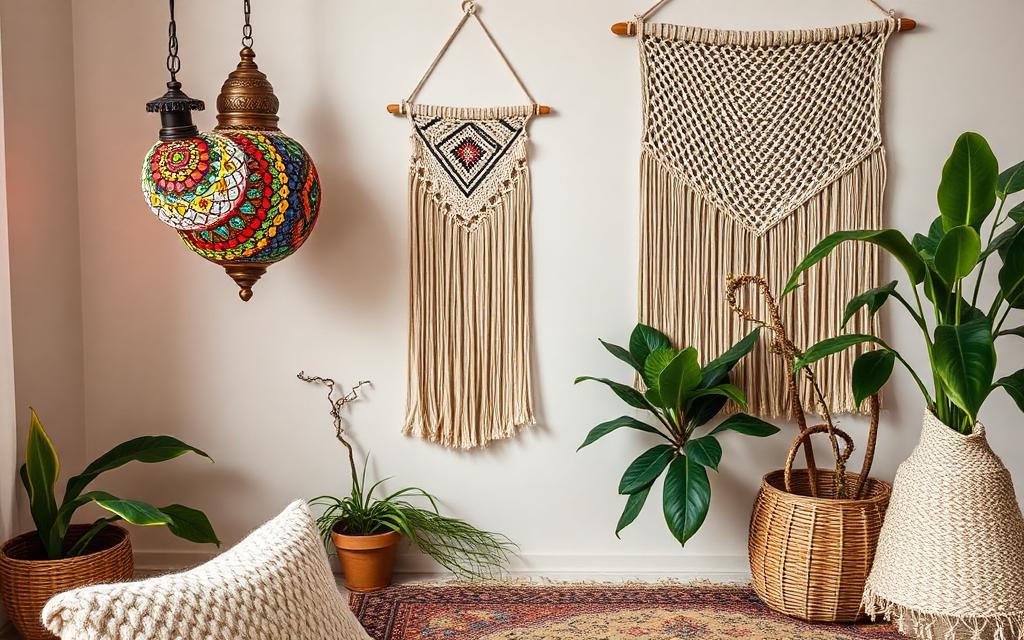 Bohemian styled room with colorful mosaic lamp, macrame, and plants