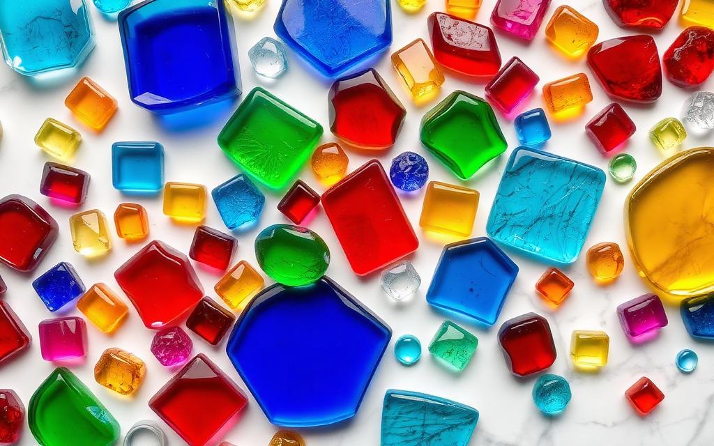 Array of colorful mosaic glass pieces in jewel tones