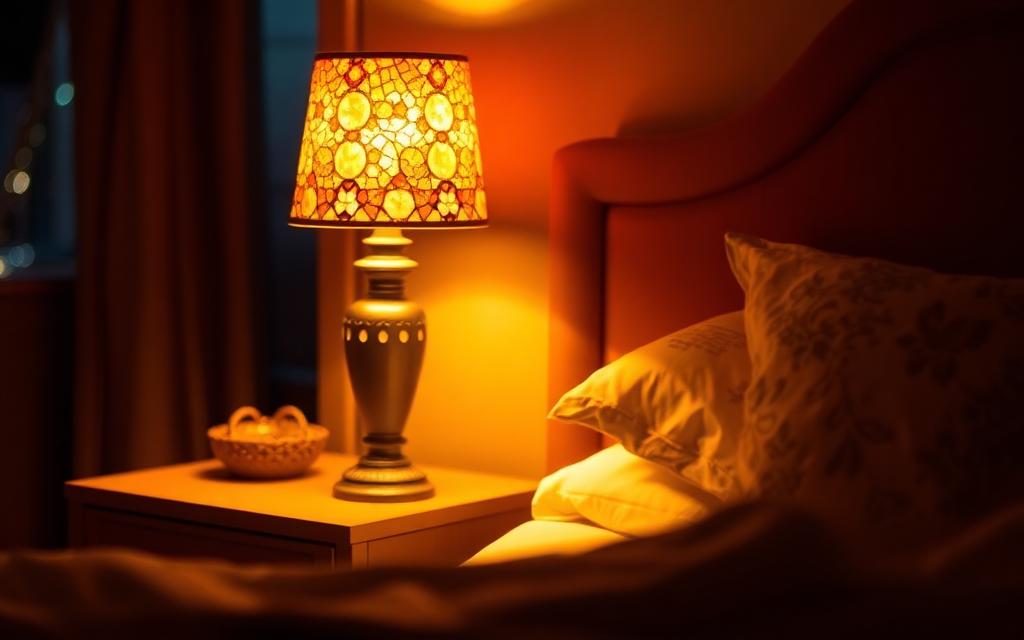 Warm cozy bedroom with soft amber mosaic lamp glow