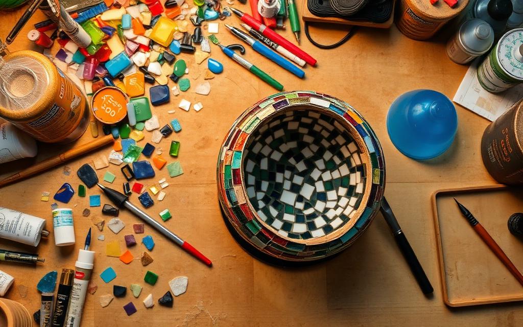 DIY mosaic workspace with glass pieces and tools
