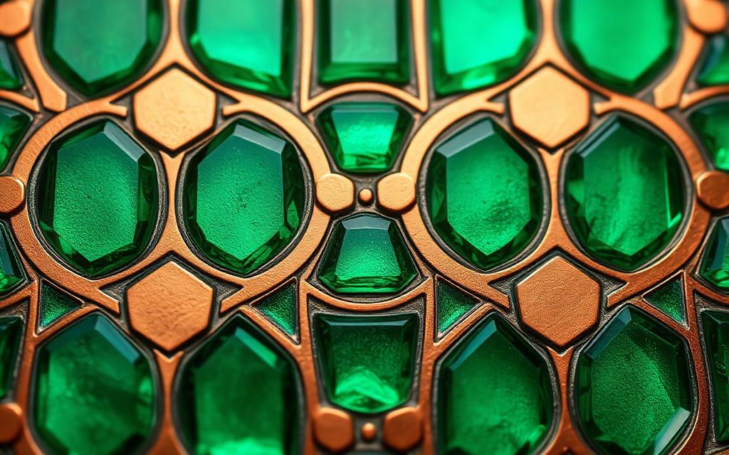 Rich emerald green and copper metallic mosaic glass