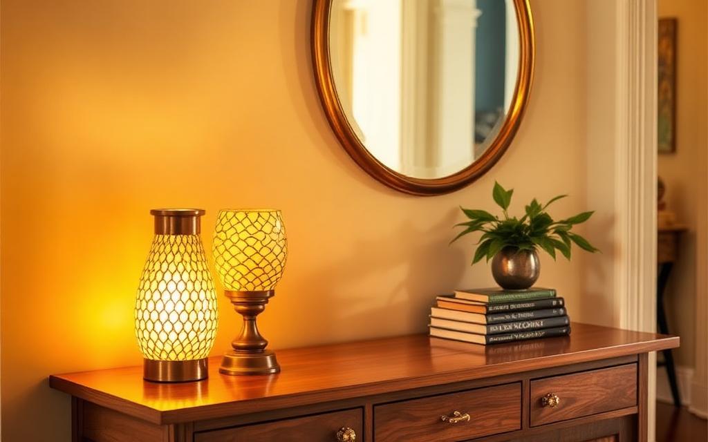 Warm entryway console styled with a glowing mosaic lamp