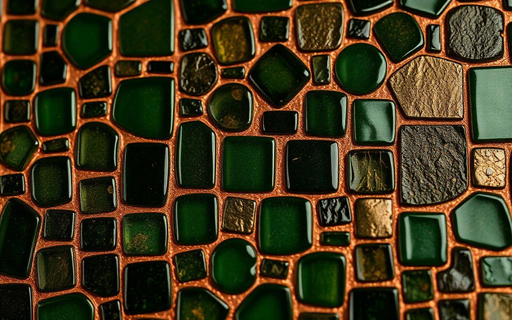 Deep forest green and copper mosaic glass