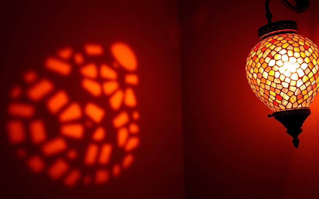 Warm light patterns projected on a wall from a mosaic glass lamp