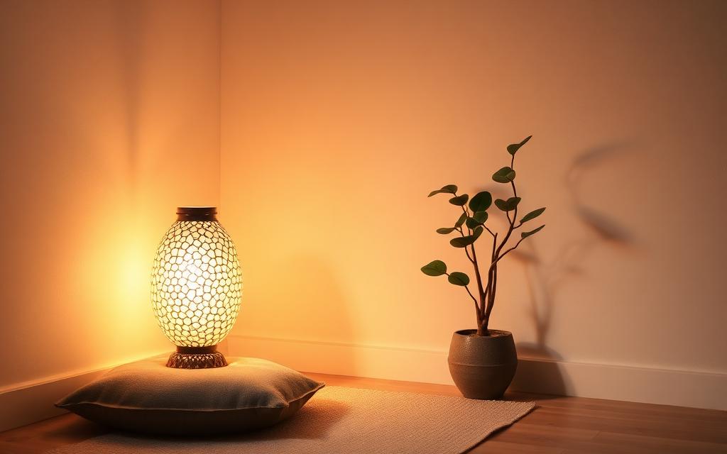 Serene meditation corner with warm ambient mosaic lamp glow