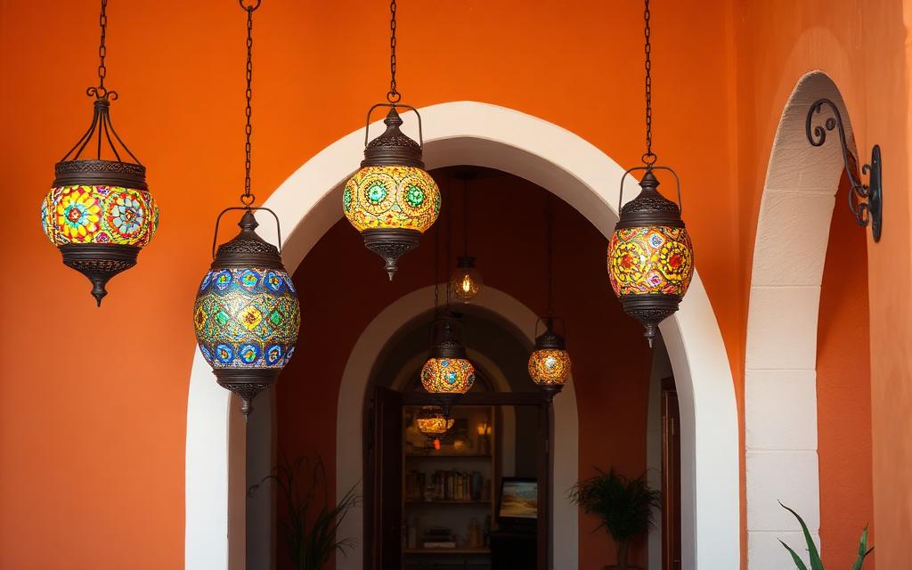 Mediterranean interior with colorful mosaic glass lanterns and warm terracotta