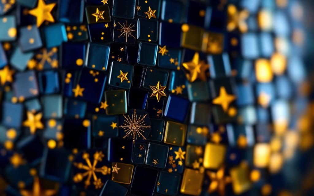 Midnight navy and golden star mosaic glass