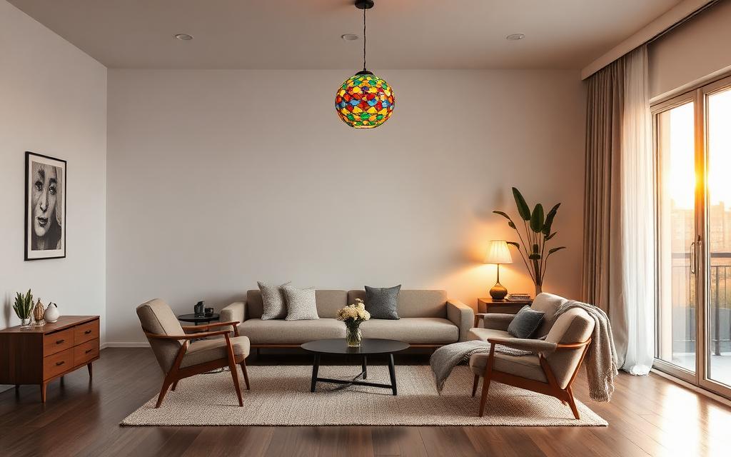 Modern minimalist living room with a colorful mosaic lamp as accent piece