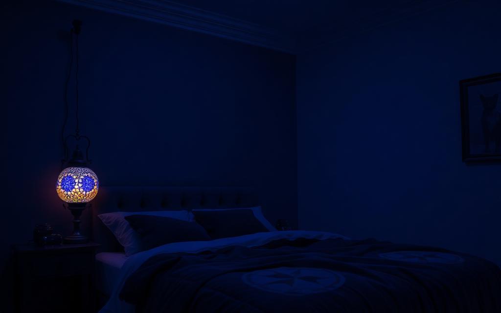 Dark moody bedroom with sapphire blue mosaic lamp glow