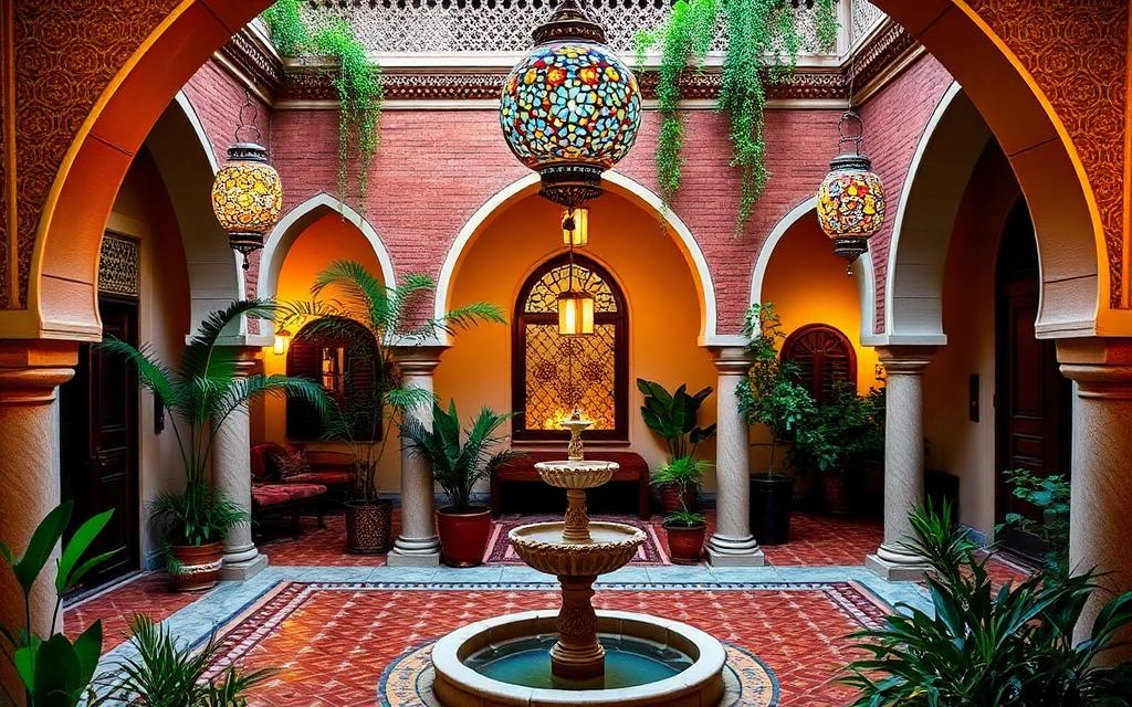 Moroccan riad courtyard with colorful mosaic glass lanterns