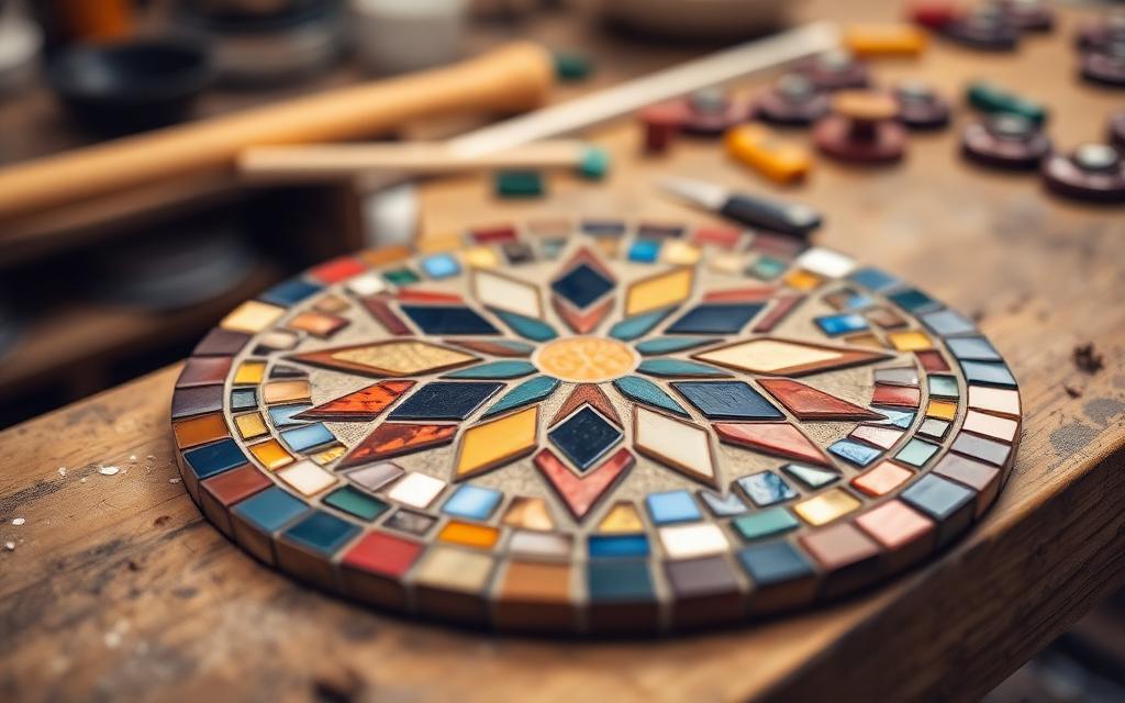 Colorful mosaic glass fragments arranged in traditional geometric patterns on a workbench
