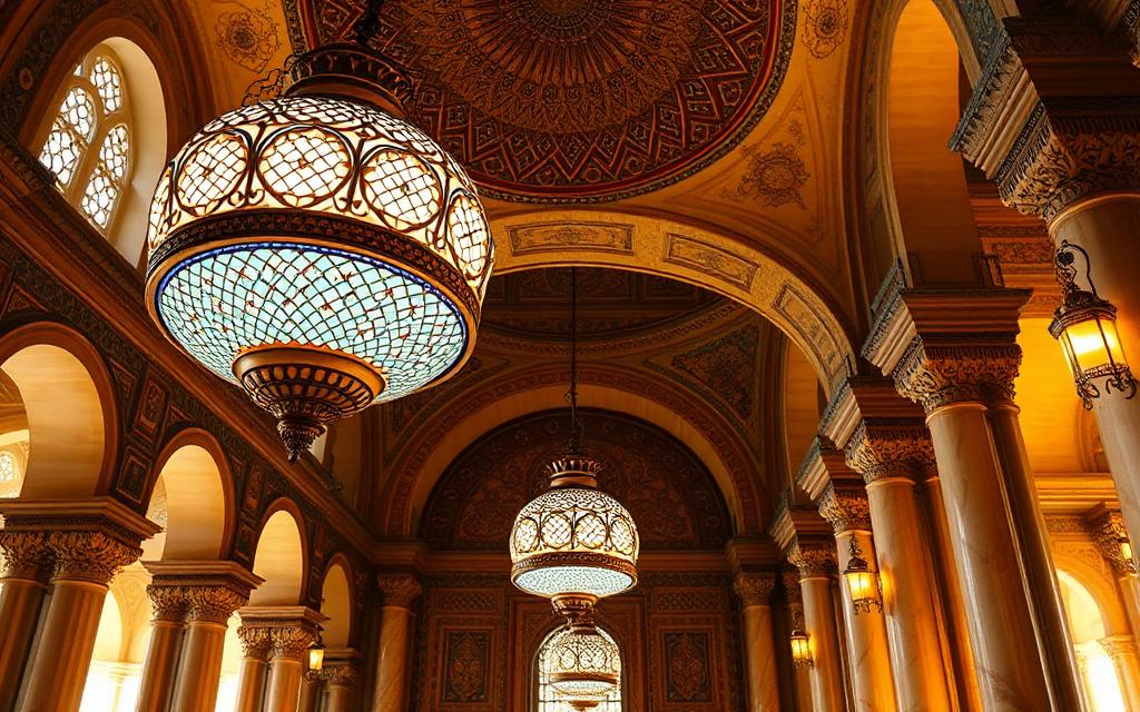 Ornate mosaic glass lanterns in a grand Ottoman palace interior