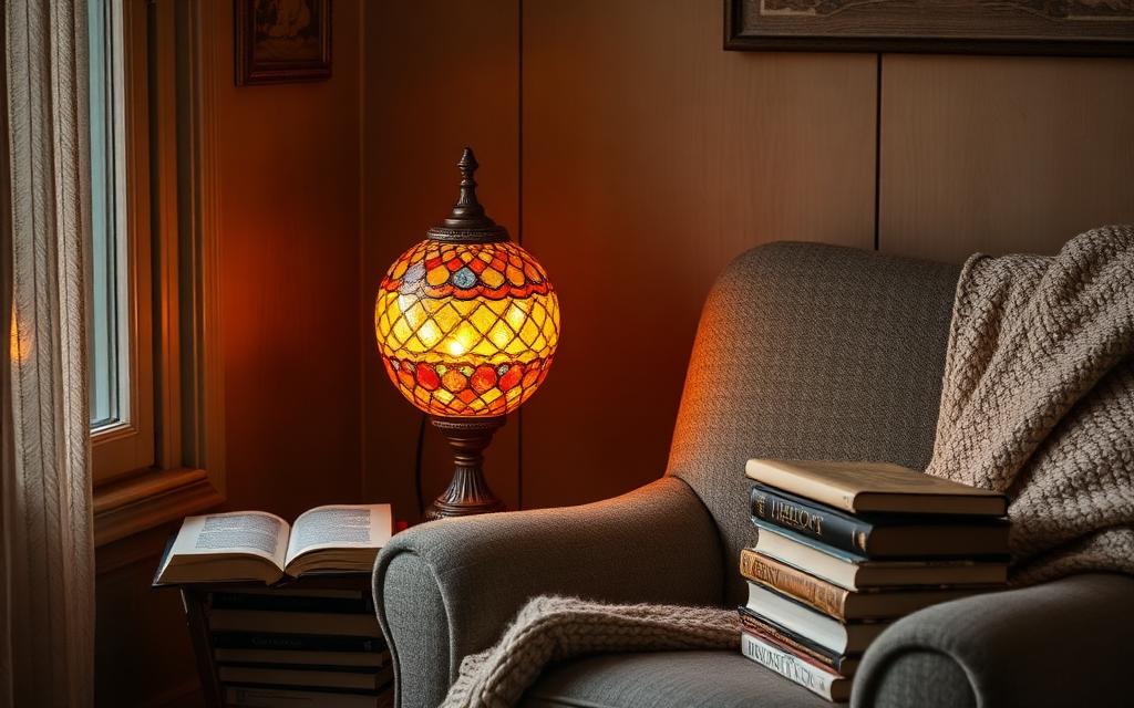 Cozy reading nook with a warm mosaic lamp beside an armchair