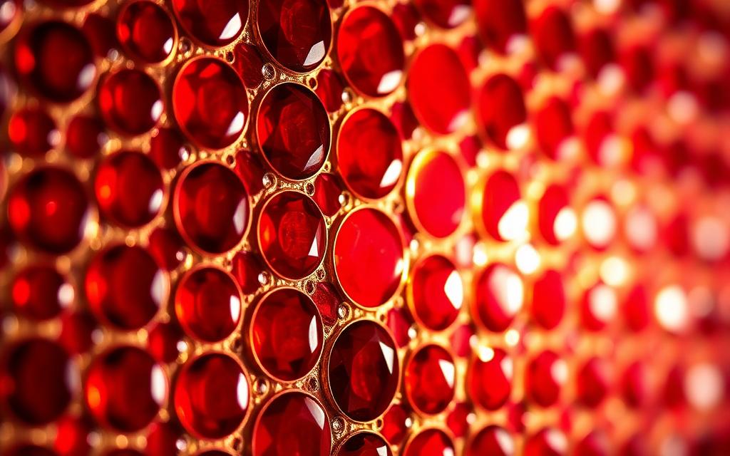 Ruby red and warm gold mosaic glass pattern