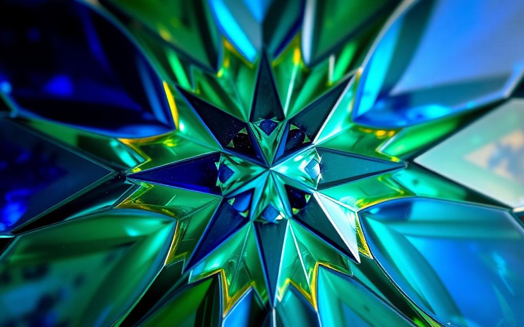 Sapphire and emerald glass mosaic in intricate star pattern