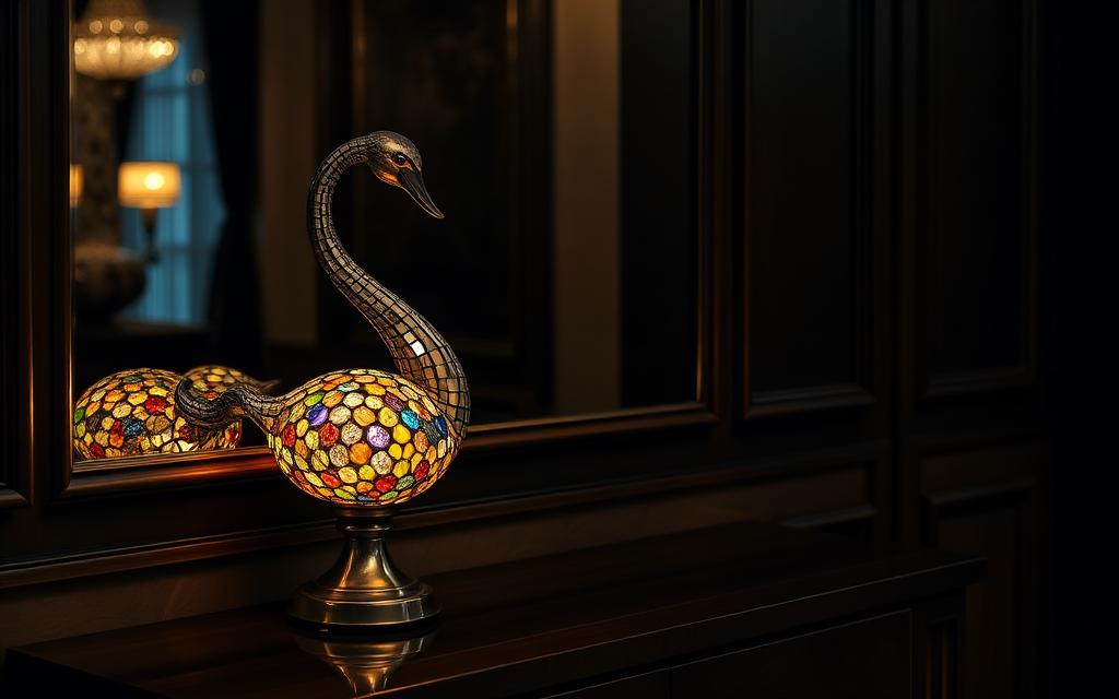 Elegant swan-neck mosaic lamp as sculptural art on a console