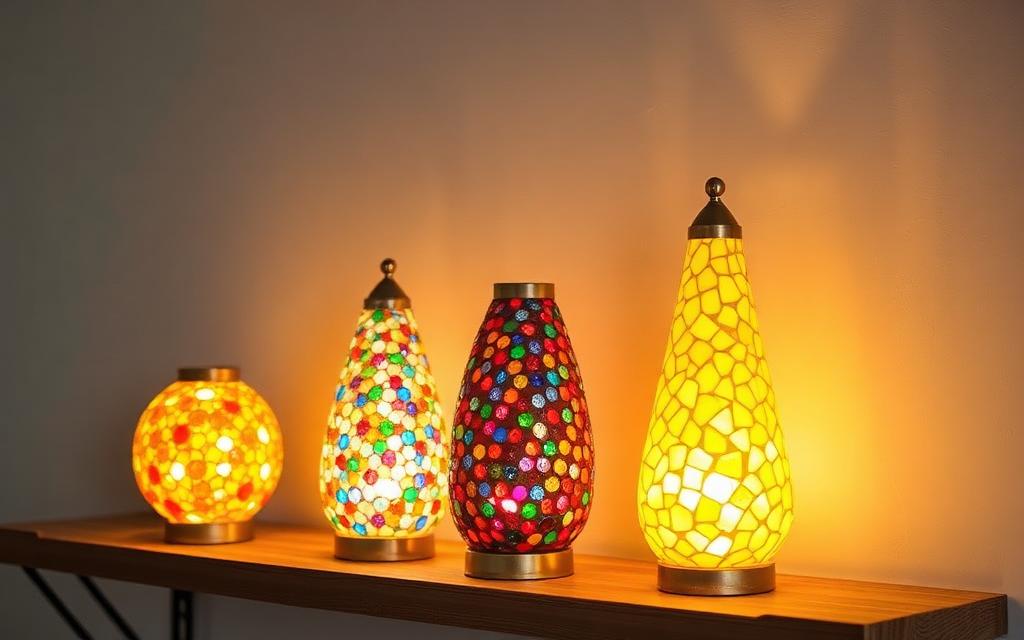 Three mosaic lamps in different colors grouped together on a shelf