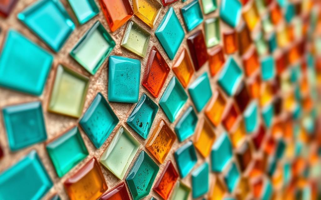 Turquoise and warm amber mosaic glass pattern